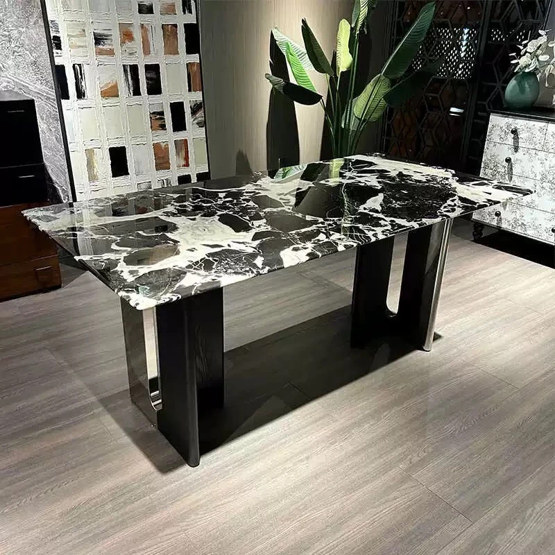 时尚宝格丽黑大理石餐桌长方形不锈钢餐台家用高级感奢石饭桌意式