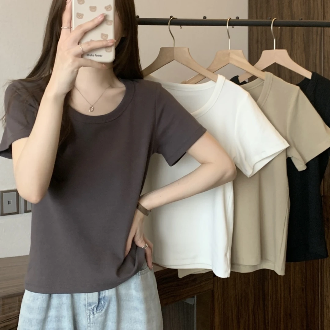 遮肚子显瘦U领短袖t恤打底衫夏季新款胖妹妹MM百搭正肩上衣