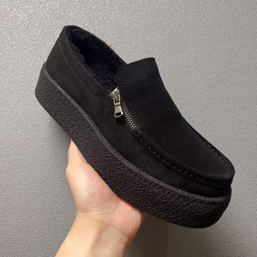 秋冬新款男鞋牛皮翻毛羊羔毛加绒内里一脚蹬低帮休闲保暖防寒男鞋