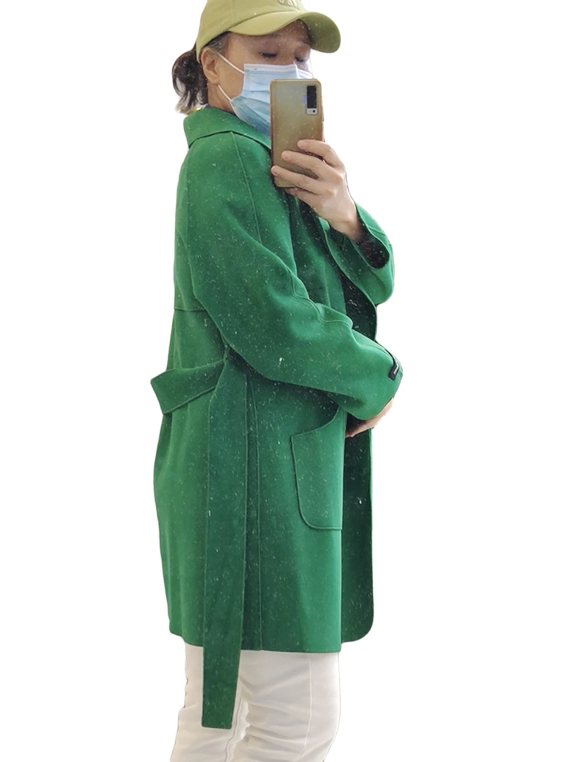 百分之二十以下毛，可机洗双面呢宽松韩版毛呢绿色休闲大衣外套