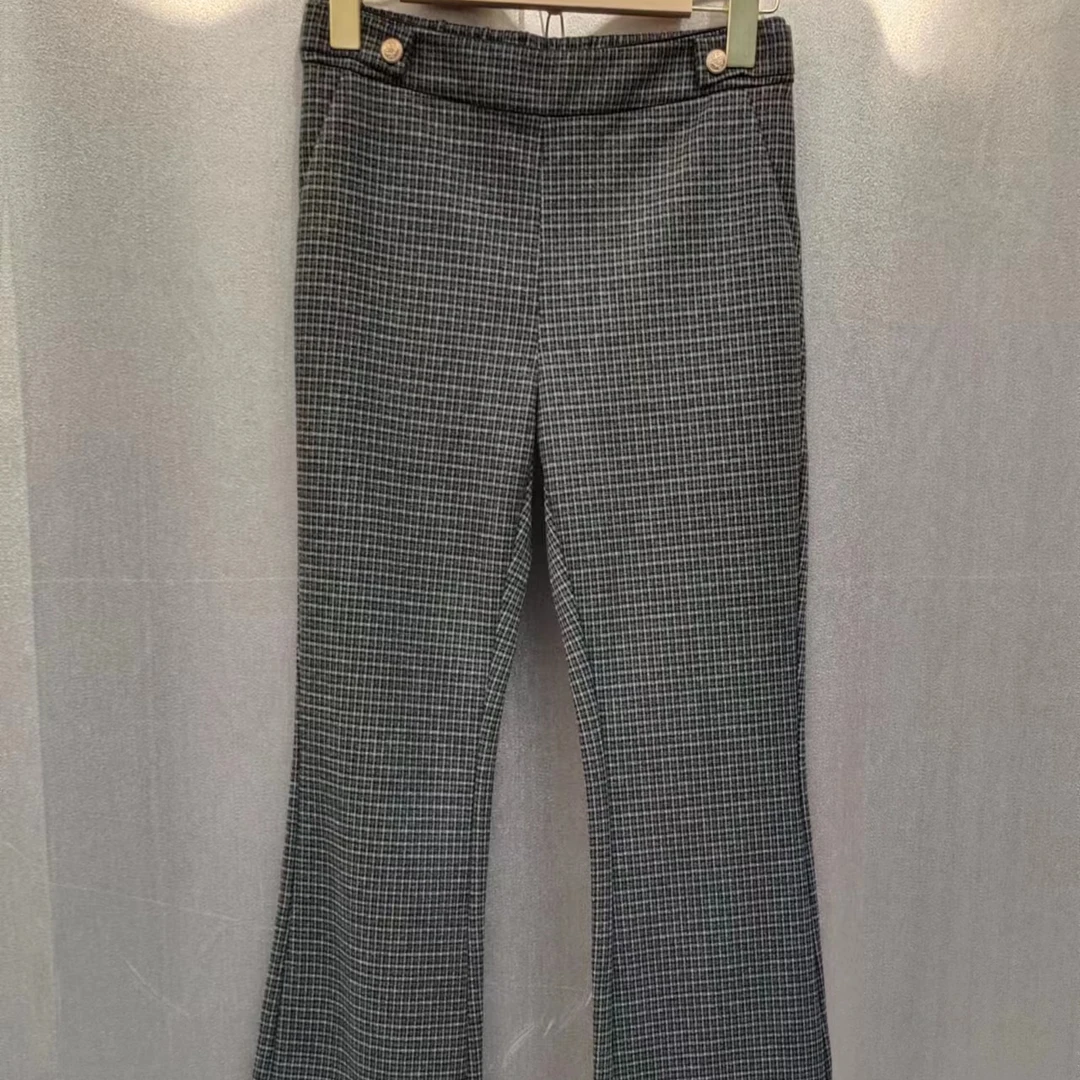 女装时尚休闲女士长裤格子千鸟格格纹设计师针织百搭开叉阔腿微喇