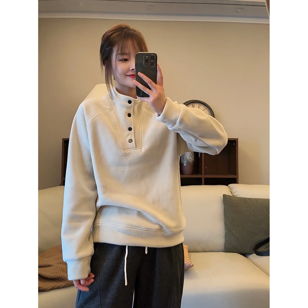 加厚奥利绒半高领卫衣女秋冬长袖宽松休闲百搭加绒保暖打底上衣