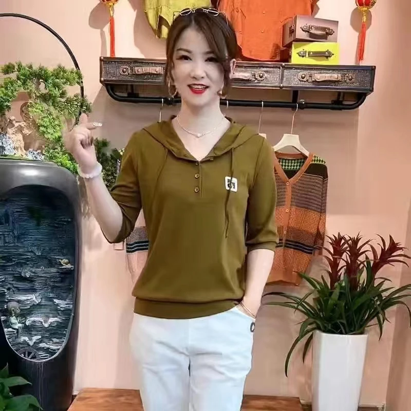 新款中长袖衫连帽抽绳女士洋气显瘦修身减龄休闲套头百搭上衣