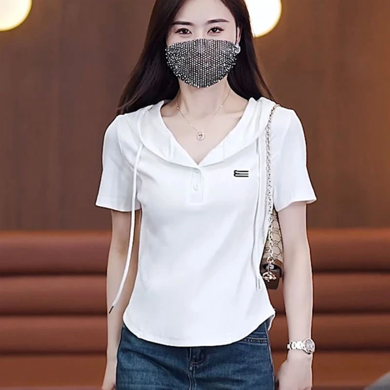 连帽短袖t恤女新款夏季气质休闲显瘦收腰修身翻领百搭小众白色