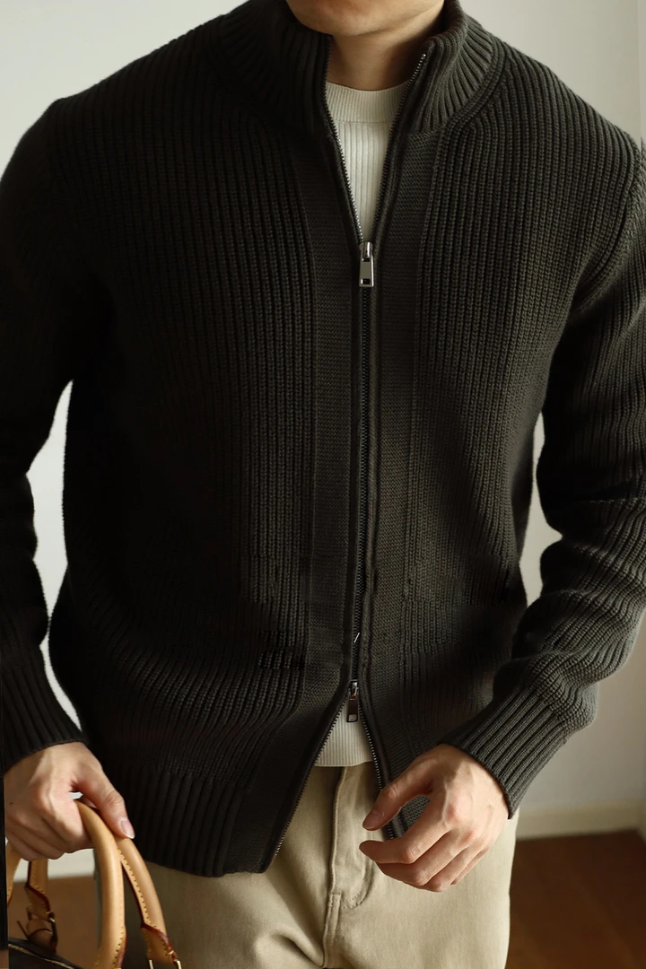 新款先锋者系列抗起球重磅精梳棉拉链外套针织纯色毛衣加厚秋冬