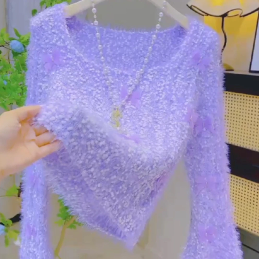 爆款网红温柔风甜美仿貂绒重工钉钻蝴蝶毛衣女短款套头针织衫上衣