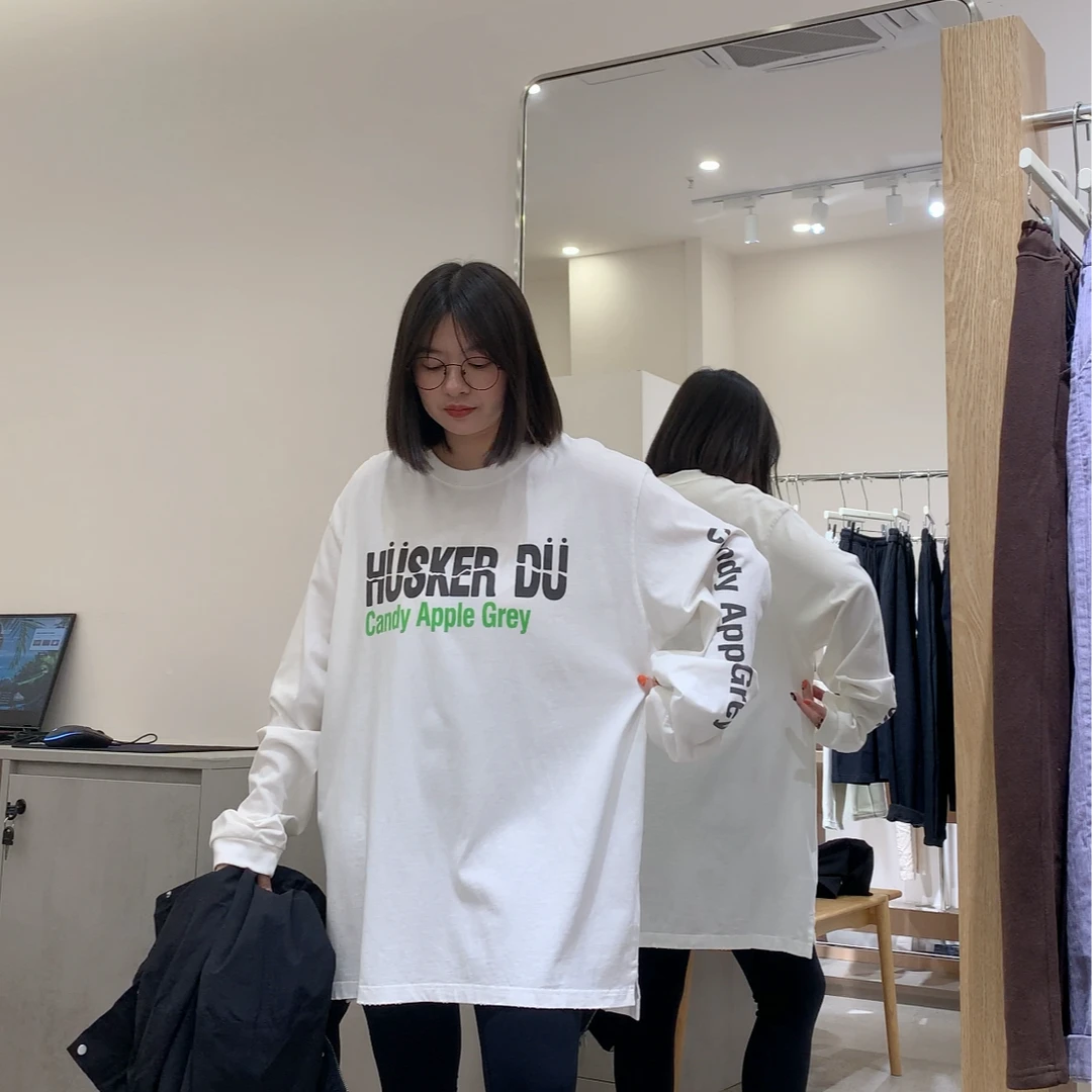 小众INS前字母袖边排字母大宽休闲中长开衩T恤