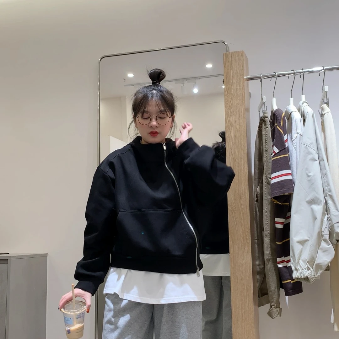 小众设计斜拉链连帽质感短卫外套