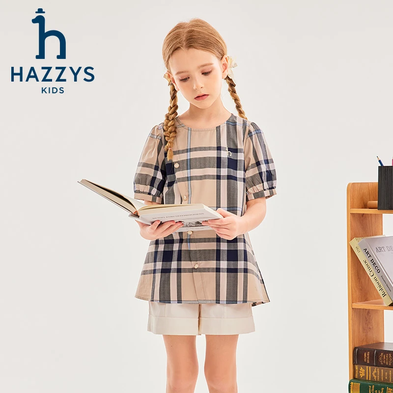 Hazzys/哈吉斯品牌童装女童格子短袖时尚夏季格纹裙式上衣