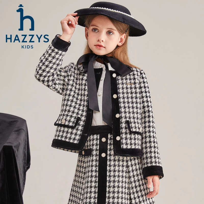 Hazzys/哈吉斯品牌童装女童外套格子时尚格纹气质短款法式复古