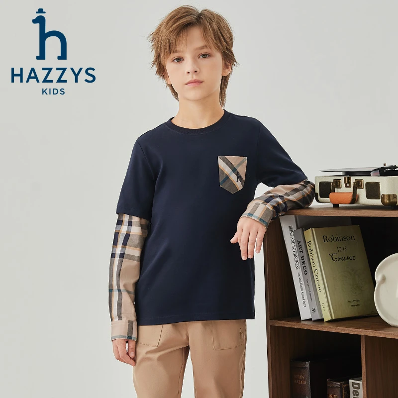 Hazzys/哈吉斯品牌童装男童圆领衫长袖休闲套头撞色假两件