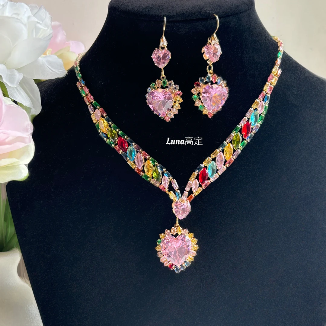 铜合金合成锆石项链 Luna定制090水蜜桃心轻奢高级两件套