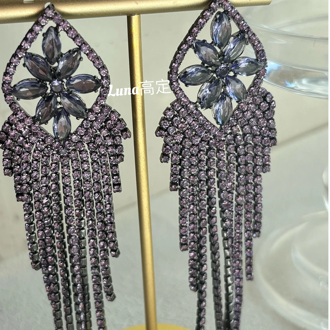 铜合金合成锆石耳饰 Luna定制070紫色梦幻流苏耳环