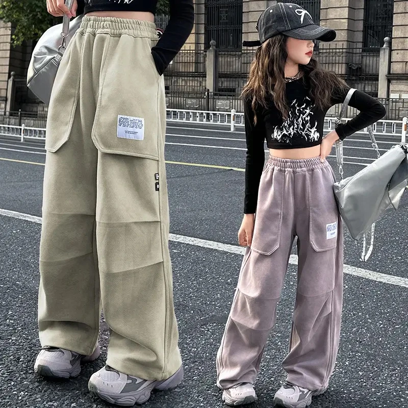 女童春秋款工装裤2024新款儿童韩版宽松裤子女大童洋气炸街阔腿裤