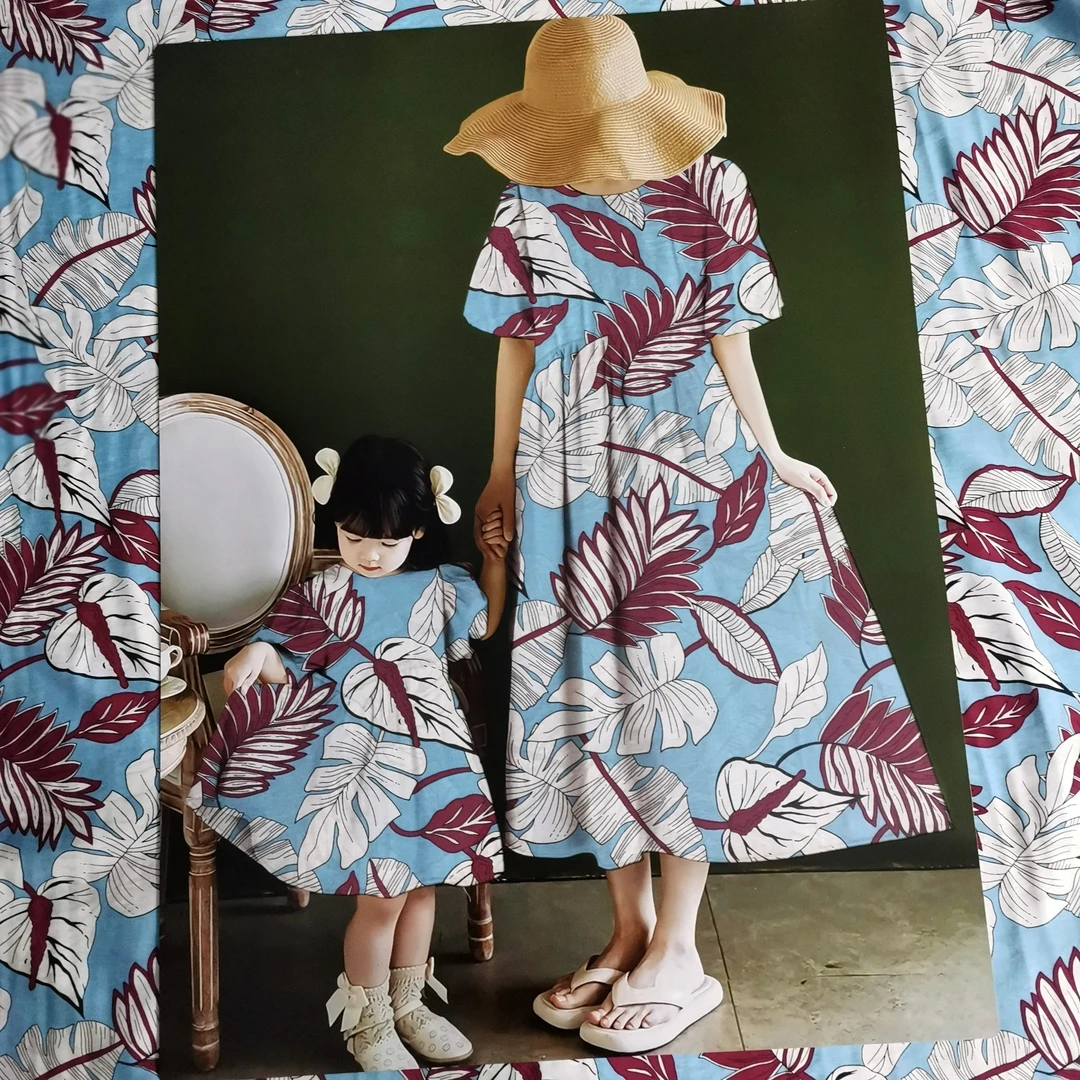 棉麻布料夏季新款亲子沙滩套装母女连衣长裙梭织面料