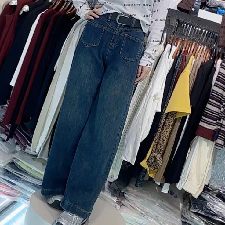 娟儿家 秋季新款高腰复古牛仔百搭休闲怀旧水桶拖地大阔腿裤