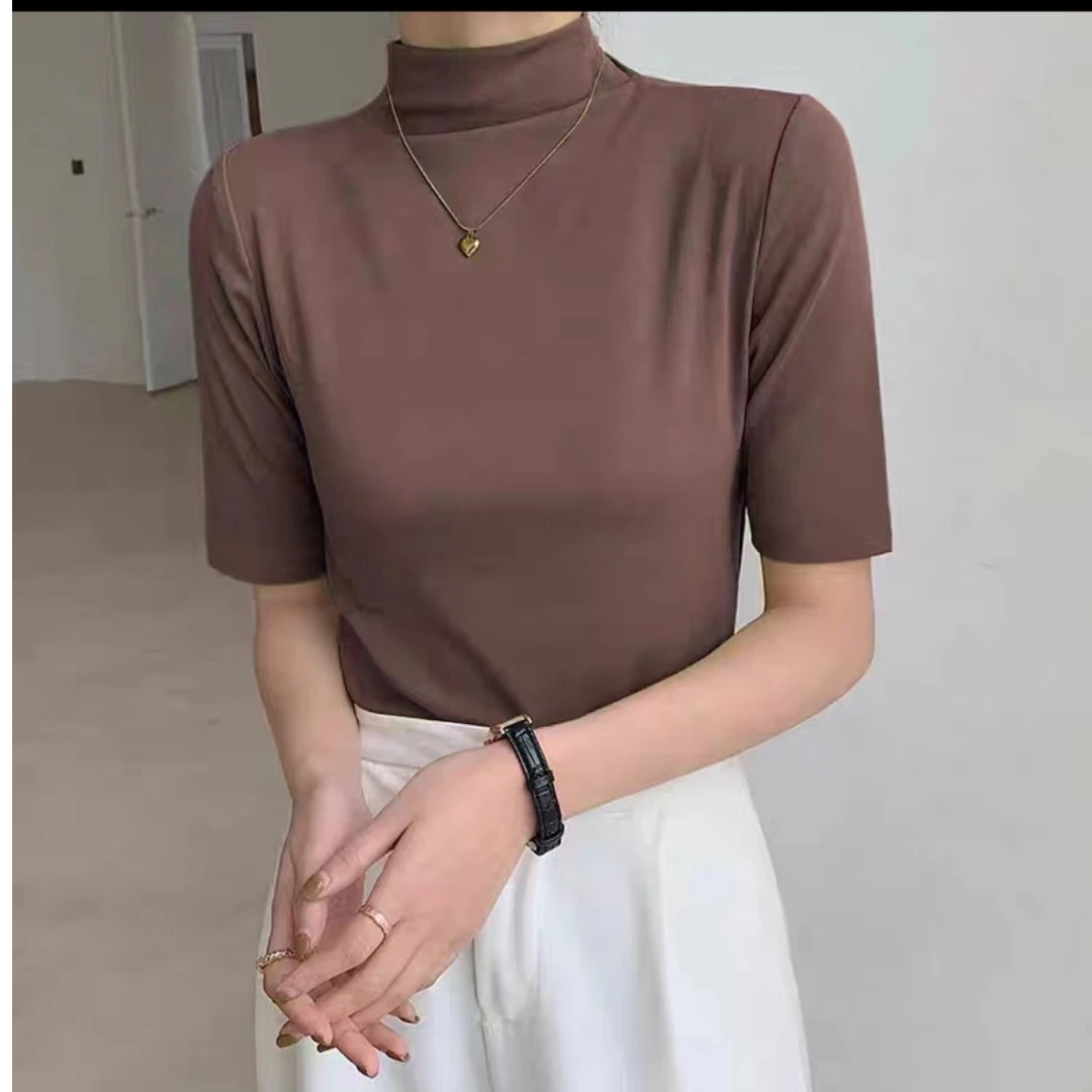 娟儿家秋季新款简约大弹力立领五分中袖纯色显瘦打底T恤百搭