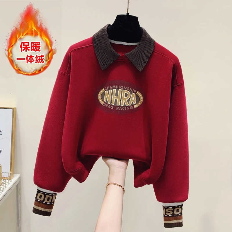 polo领红色卫衣女2025新款爆款加绒加厚套头宽松百搭长袖上衣外套