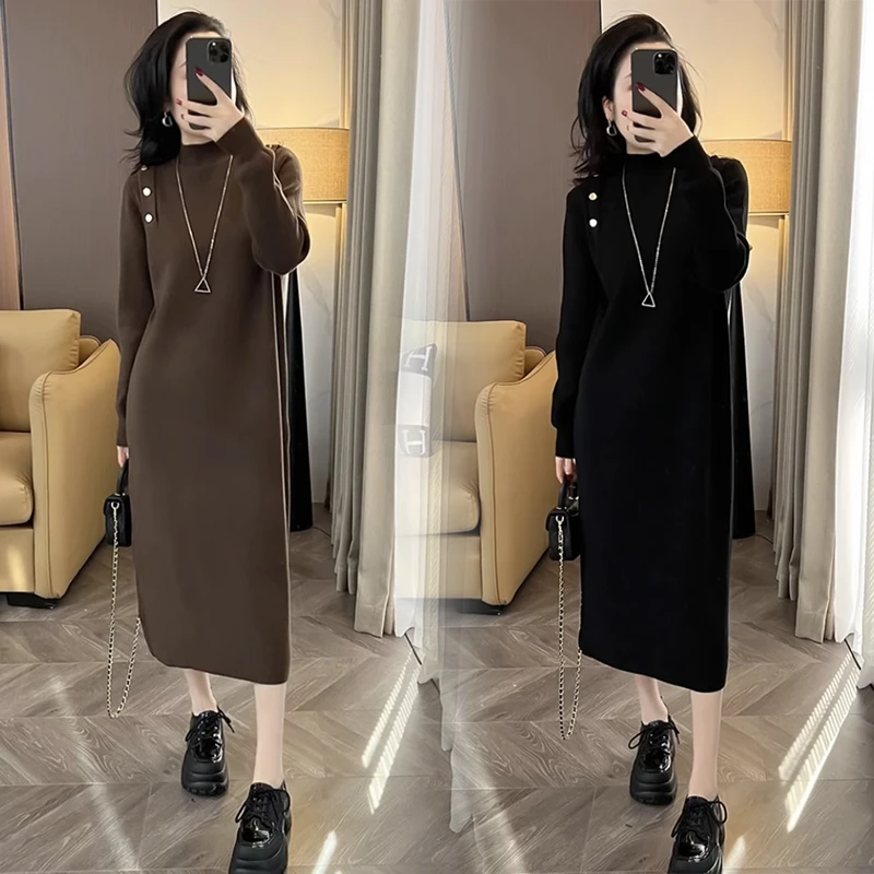 打底连衣裙女士秋冬季内搭半高领宽松中长款过膝配大衣针织毛衣裙