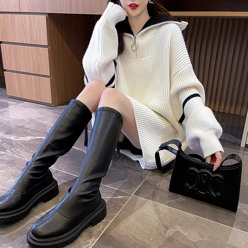 加厚中长款高领毛衣女秋冬季2025新款拼色宽松显瘦慵懒风针织上衣