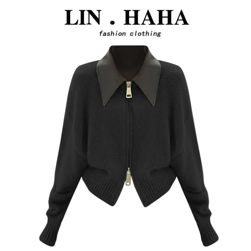 大码pu皮翻领撞色毛衣女2025秋冬季新款韩版时尚百搭拉链显瘦上衣