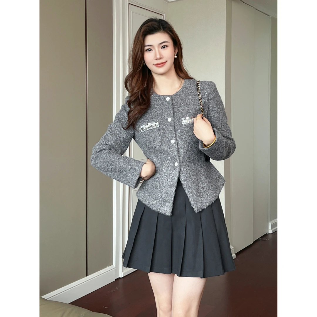 Molly Manor/莫莉庄园时尚气质显瘦格雷系灰色千金风小香风外套