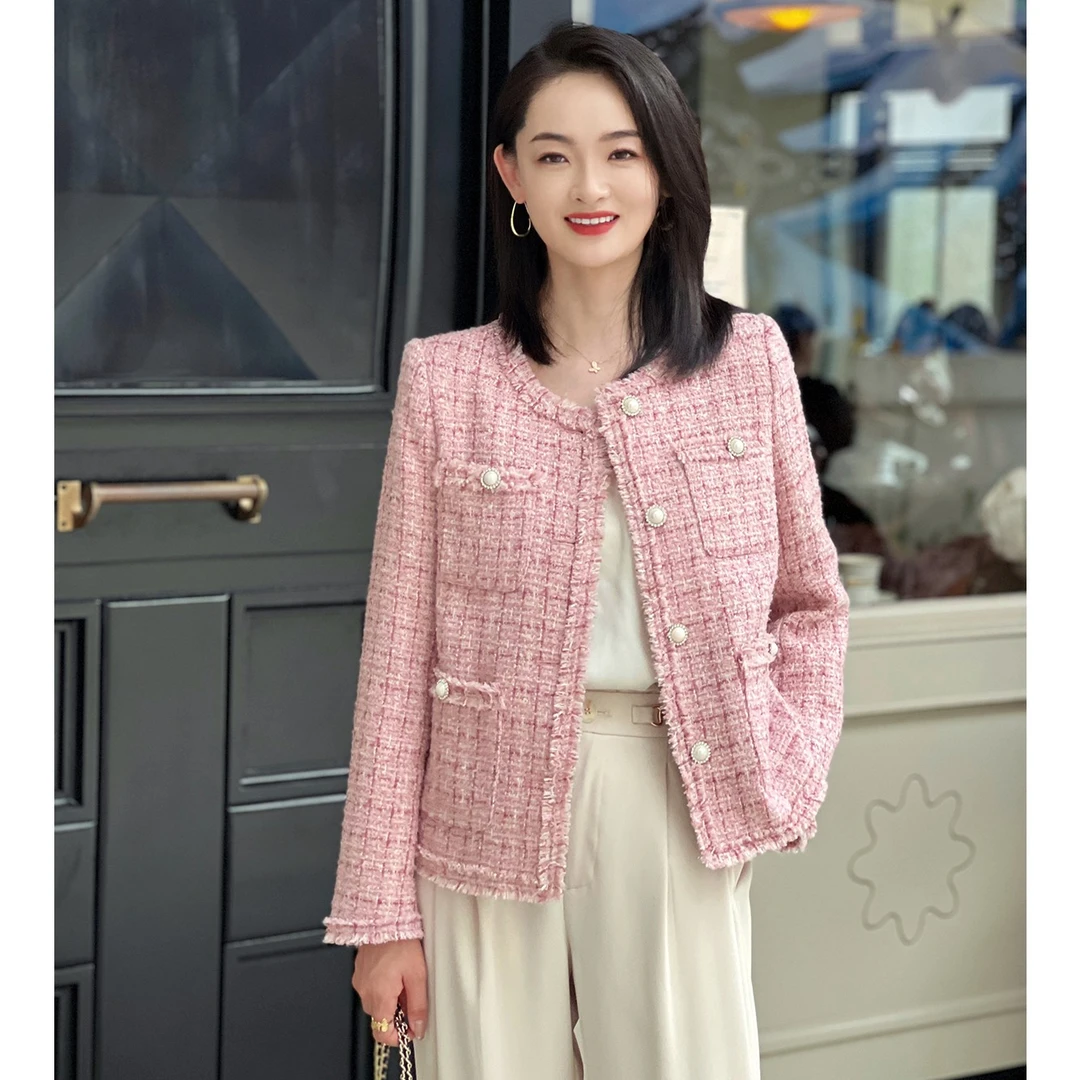粗花呢小香风粉色气质时尚轻奢外套长袖秋冬季