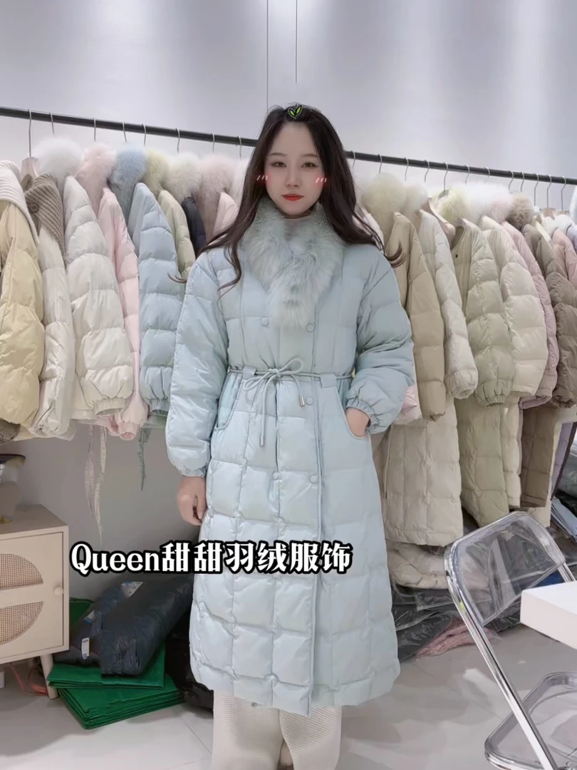 【围脖长款】中长过膝白鸭绒外套2023新款系带收腰加厚白鸭绒外套