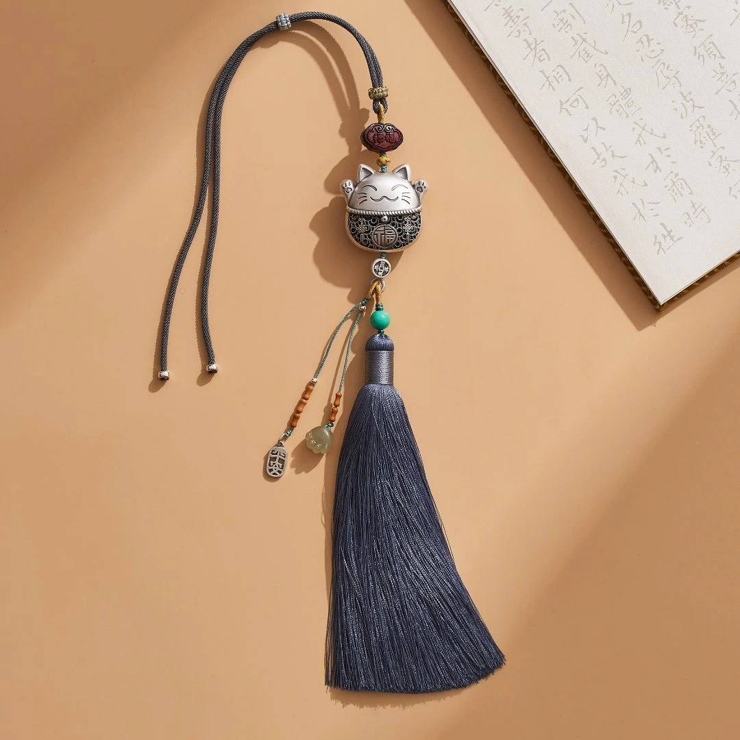 足银银制品 招财猫车后视镜挂件男女士高档车挂件可爱素款纯手工