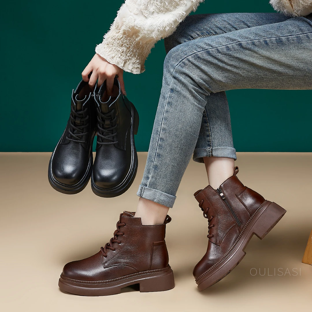Oulisasi头层牛皮马丁靴2024牛皮加厚中筒靴轻便好穿软底软面休闲