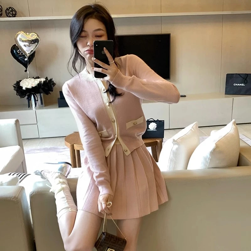 法式甜美小个子套装裙搭2024年秋季名媛复古圆领撞色小香针织开衫