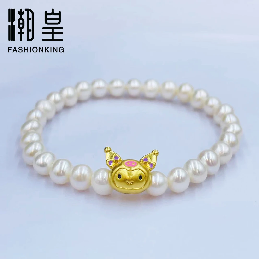 潮皇珠宝5D无氰足金999洛米手链天然6咪珍珠黄金手串【012】