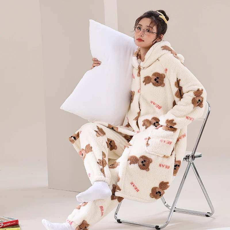 （正）新款睡袍女冬季睡衣情侣款北极绒长款小熊家居服连帽连帽加厚