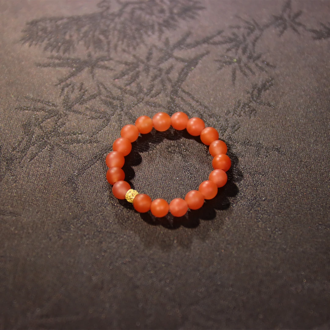 <意欢>柿子红满色保山南红戒指18K金