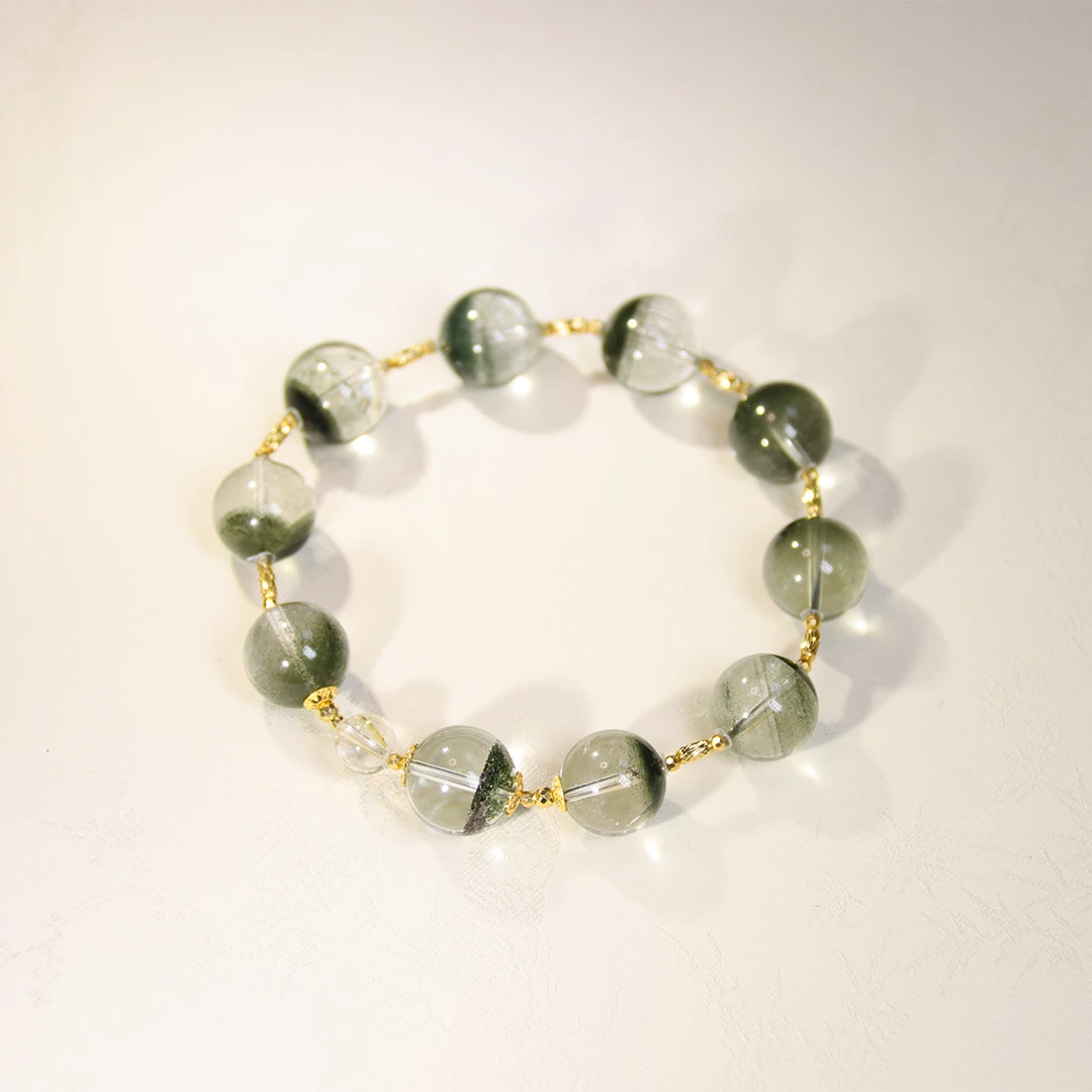 <风生水起>卡11-12mm绿幽灵水晶手串+18K金