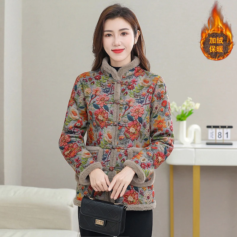 2024冬季新款加绒新中式盘扣碎花棉衣时尚百搭中老年妈妈装厚外套