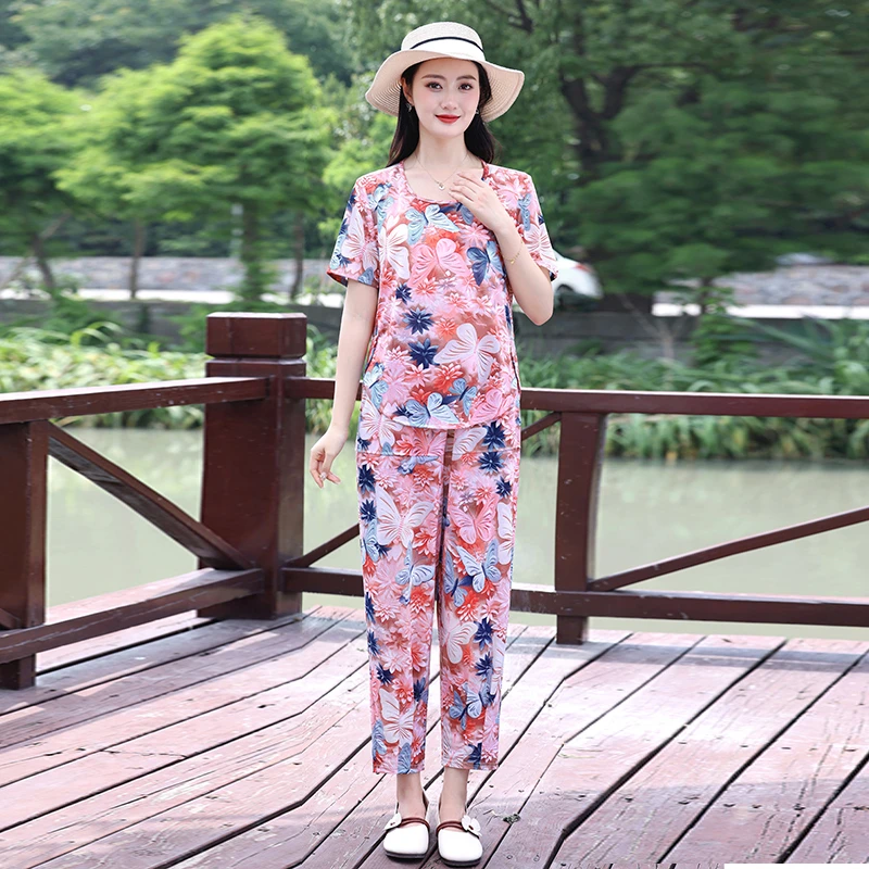 棉绸套装女妈妈夏装2024新款夏季宽松3D印花T恤衫洋气休闲两件套