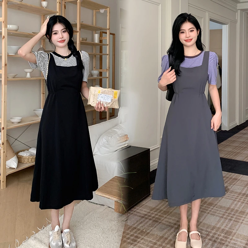 Q夏装胖妹妹大码学院风洋气减龄条纹T恤吊带裙两件套装15748