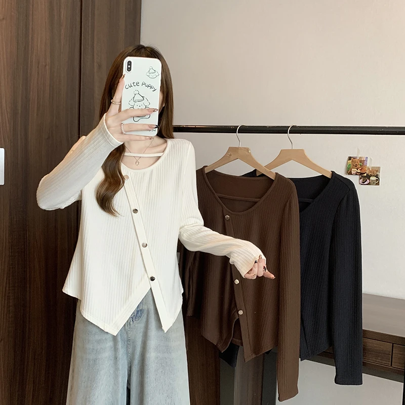 秋装新款胖mm大码女设计感小心机不规则镂空内搭长袖上衣A0892