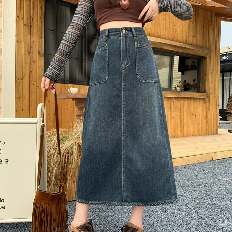 秋装新款胖mm大码女做旧显瘦高腰a字后开叉牛仔半身裙30589