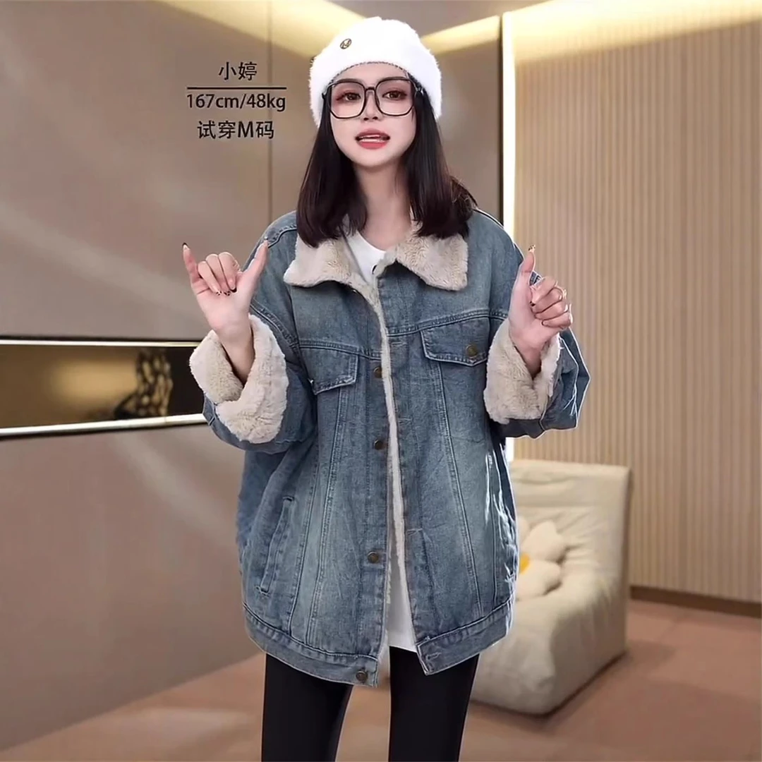 复古蓝加绒牛仔外套女派克服秋冬季新款保暖加厚棉衣夹克休闲上衣