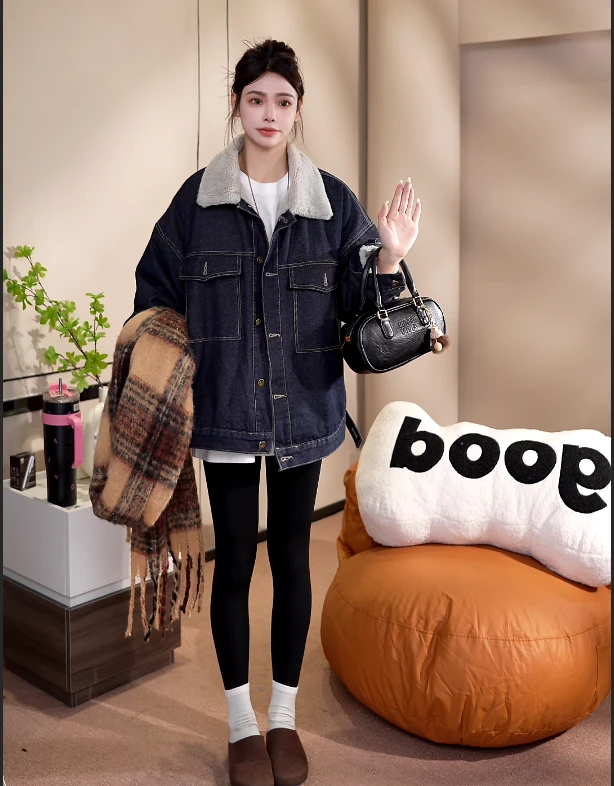 2024秋冬新款加绒加厚牛仔外套棉服女冬季港风复古设计感宽松上衣