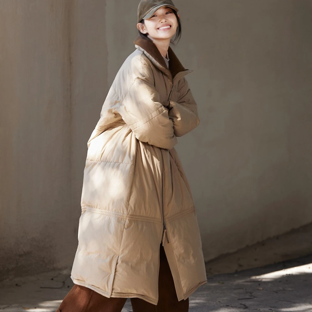 冬季原创复古女装色织布翻领开襟长款棉衣女式羽绒服新款洋气轻奢