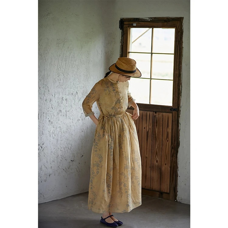 夏季文艺复古原创蒹葭黄碎花桑蚕丝棉圆领老钱风松弛感女装贵气