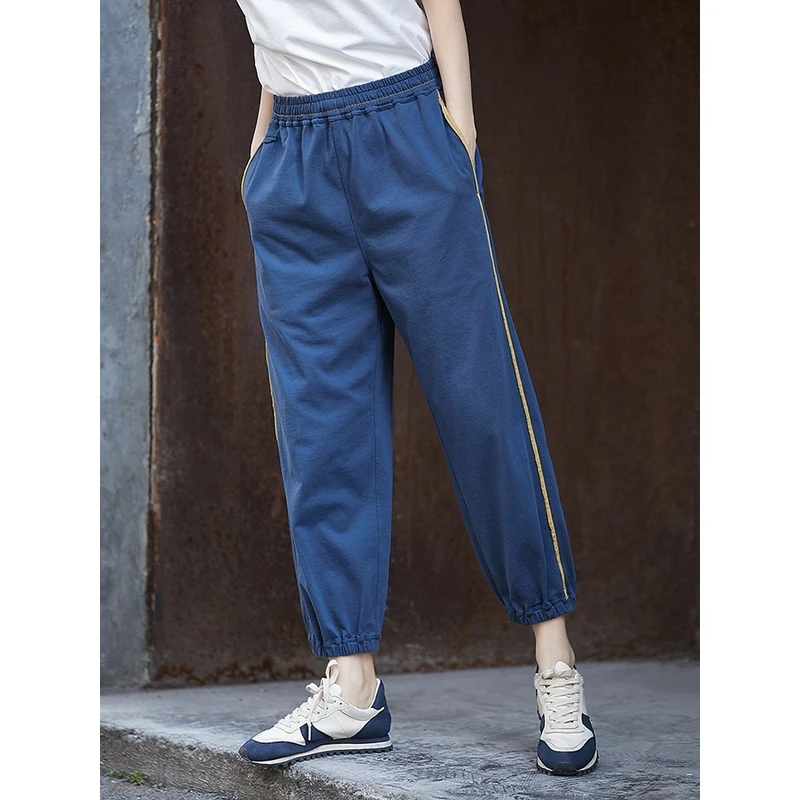 春夏新品 文艺轻复古休闲运动纯棉藏青色松紧腰针织束口女休闲裤