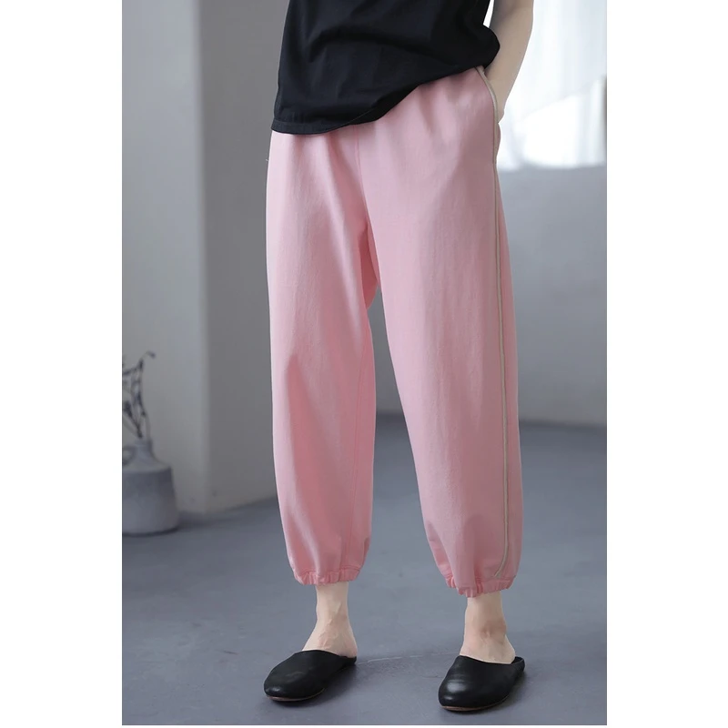 春夏新品 文艺粉色松紧腰空气感薄空气层舒适针织运动休闲九分裤