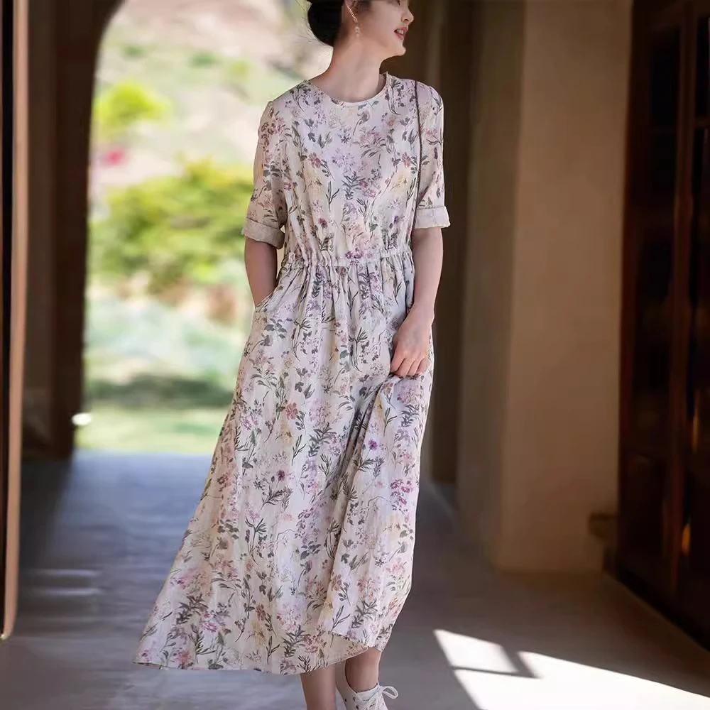 文艺休闲复古女装  印花亚麻连衣裙女夏新款轻薄宽松浪漫碎花长裙