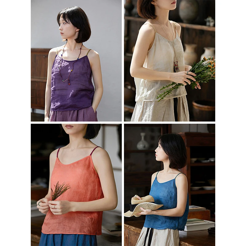春夏新品文艺百搭四色纯色苎麻无袖柔软轻薄打底小吊带背心内搭女