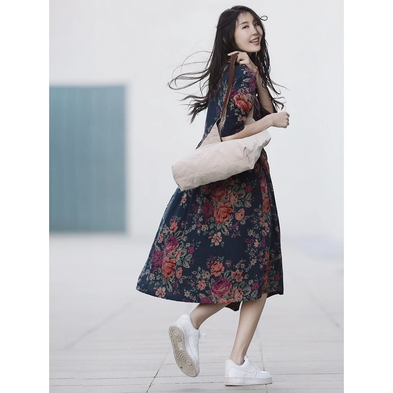 春夏碎花裙纯棉复古盘扣印花连衣裙国风文艺宽松显瘦五分袖长裙