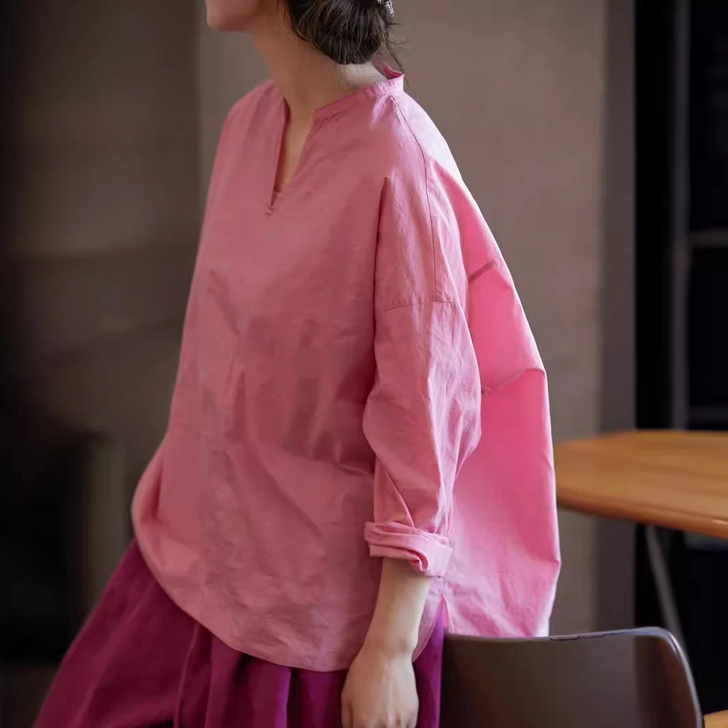 文艺休闲夏季复古原创女装胭脂水粉轻薄透气宽松简约套头式衬衫